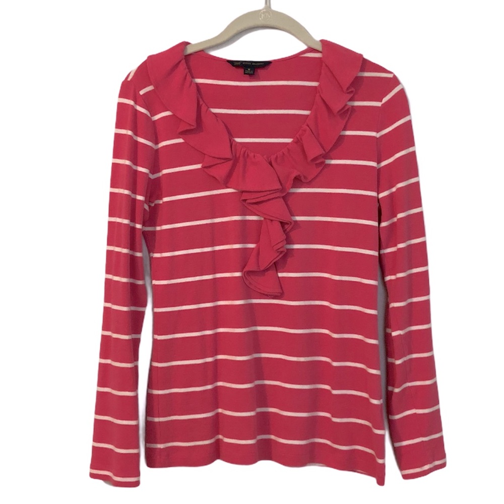 Brooks Brothers Cotton Long Sleeves Ruffle Top - Striped Pink/White Top